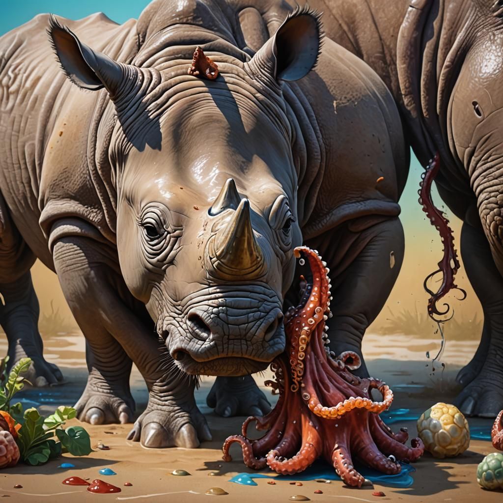 Hyperrealistic Baby Rhino Eating an Octopus