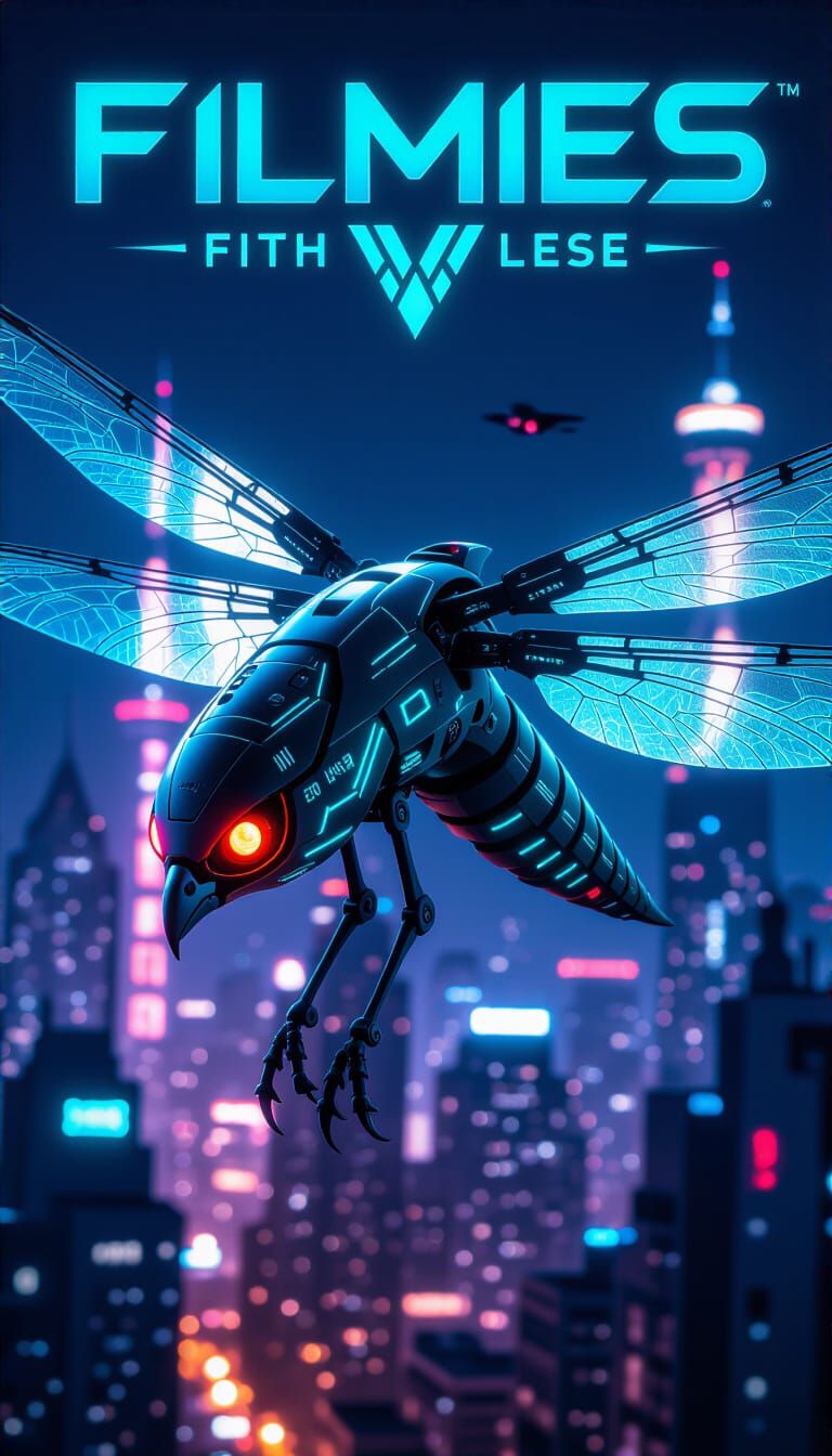 Cyberpunk Hawk-Dragonfly Hybrid Drone Over City