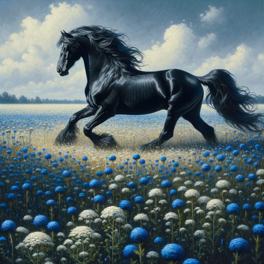 Majestic Black Stallion Gallops Through Wildflower Field