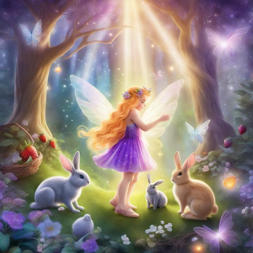 Enchanted Fairy Forest with Rainbow and Bunny