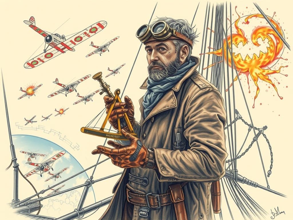 Steampunk Cartographer Navigating Airship Dogfight