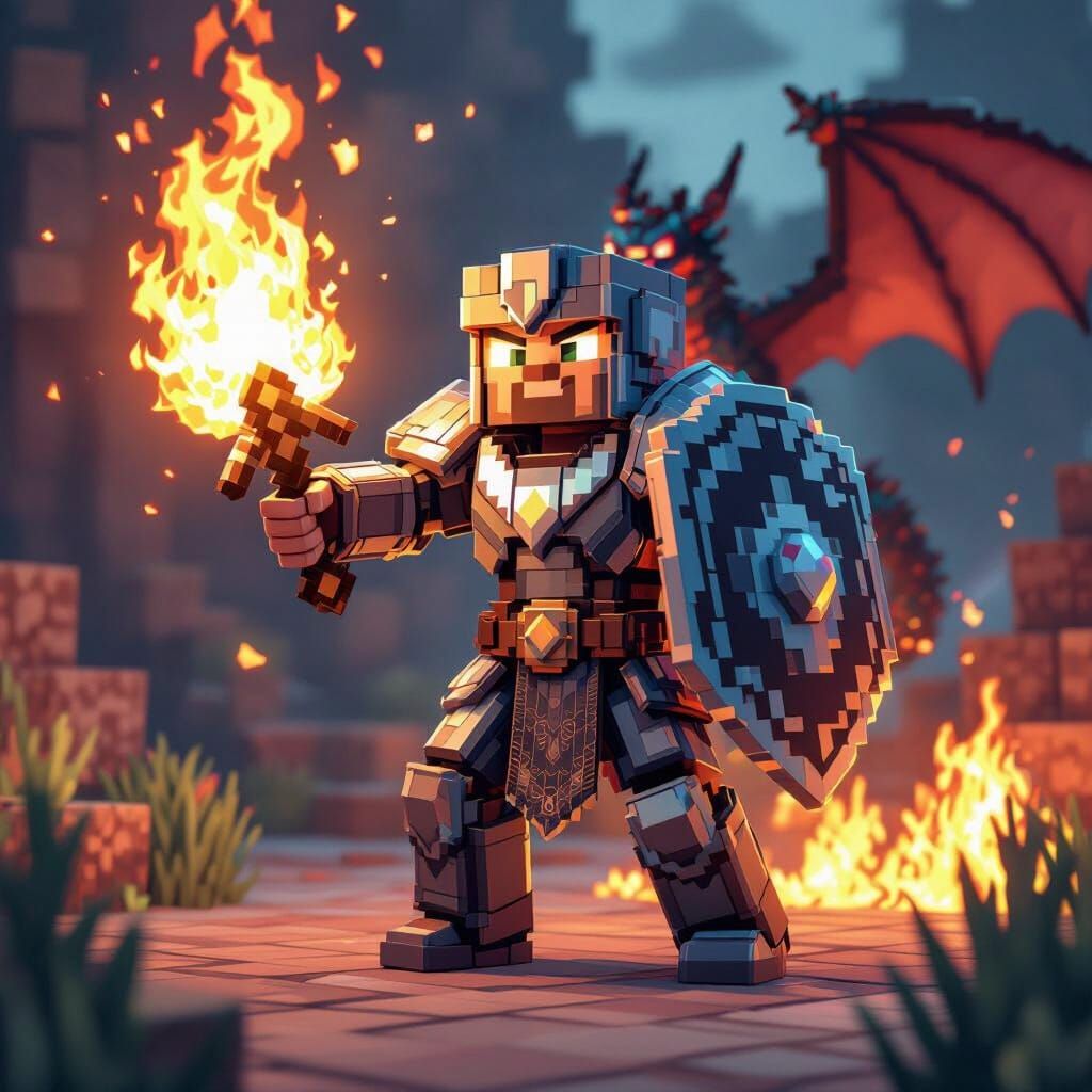 Steve Blocks Dragon Flames in Voxel Art Style