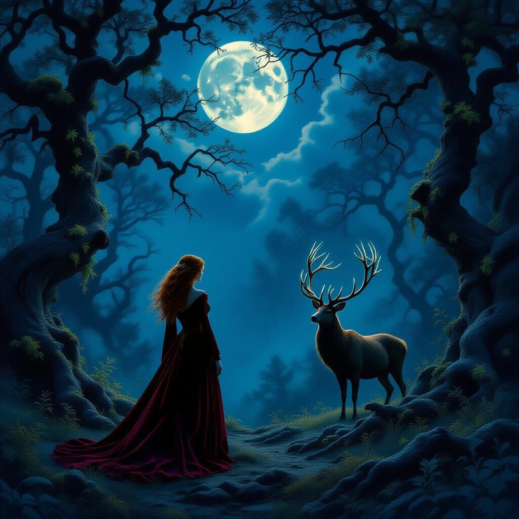 Mystical Woman in Moonlit Forest with Bioluminescent Trees