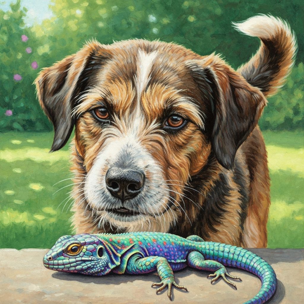 Dog's Curious Sniff: A Gouache Painting of Lizard Encounter