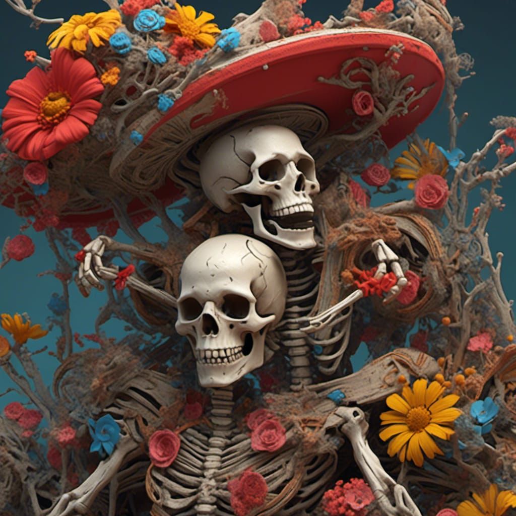<lora:Boneyard:1.0> Bone art skeletons dancing in Mexican ha...