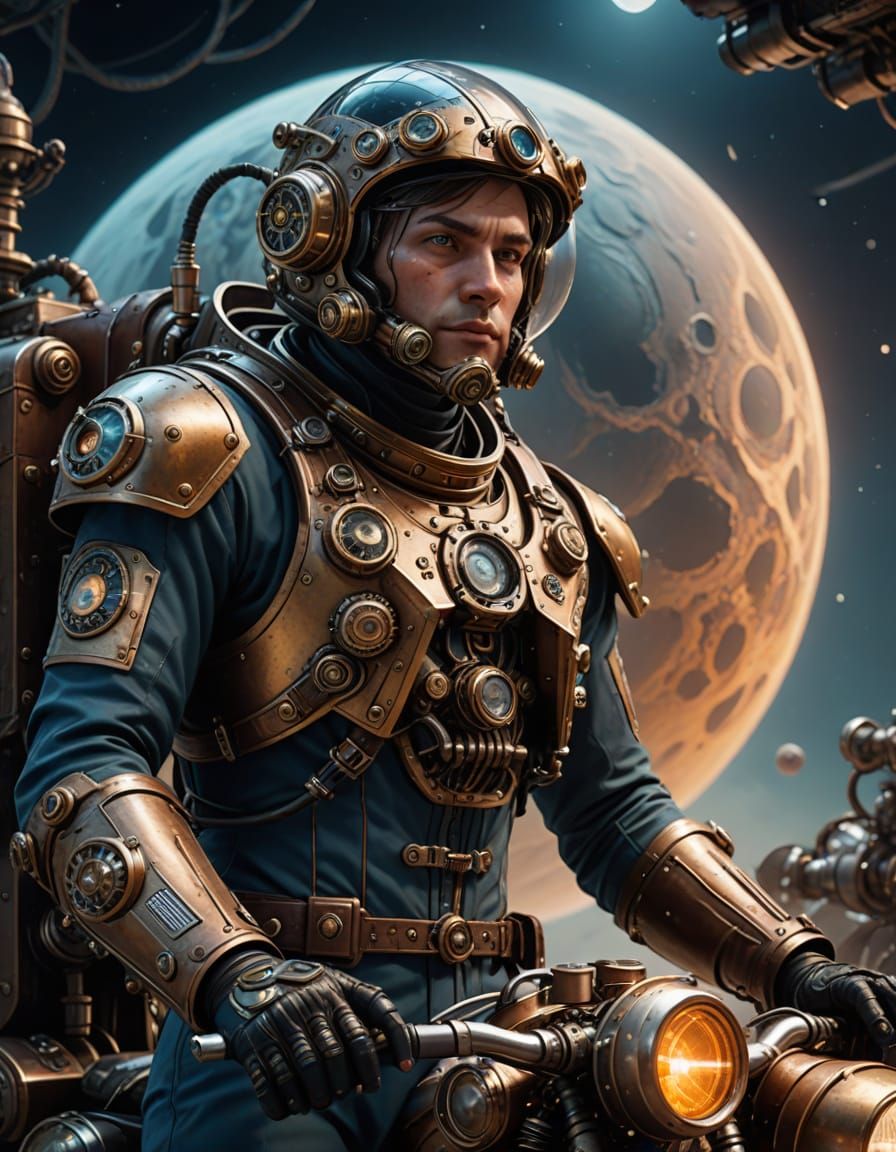 Astronaut Rides Steampunk Motorbike on the Moon
