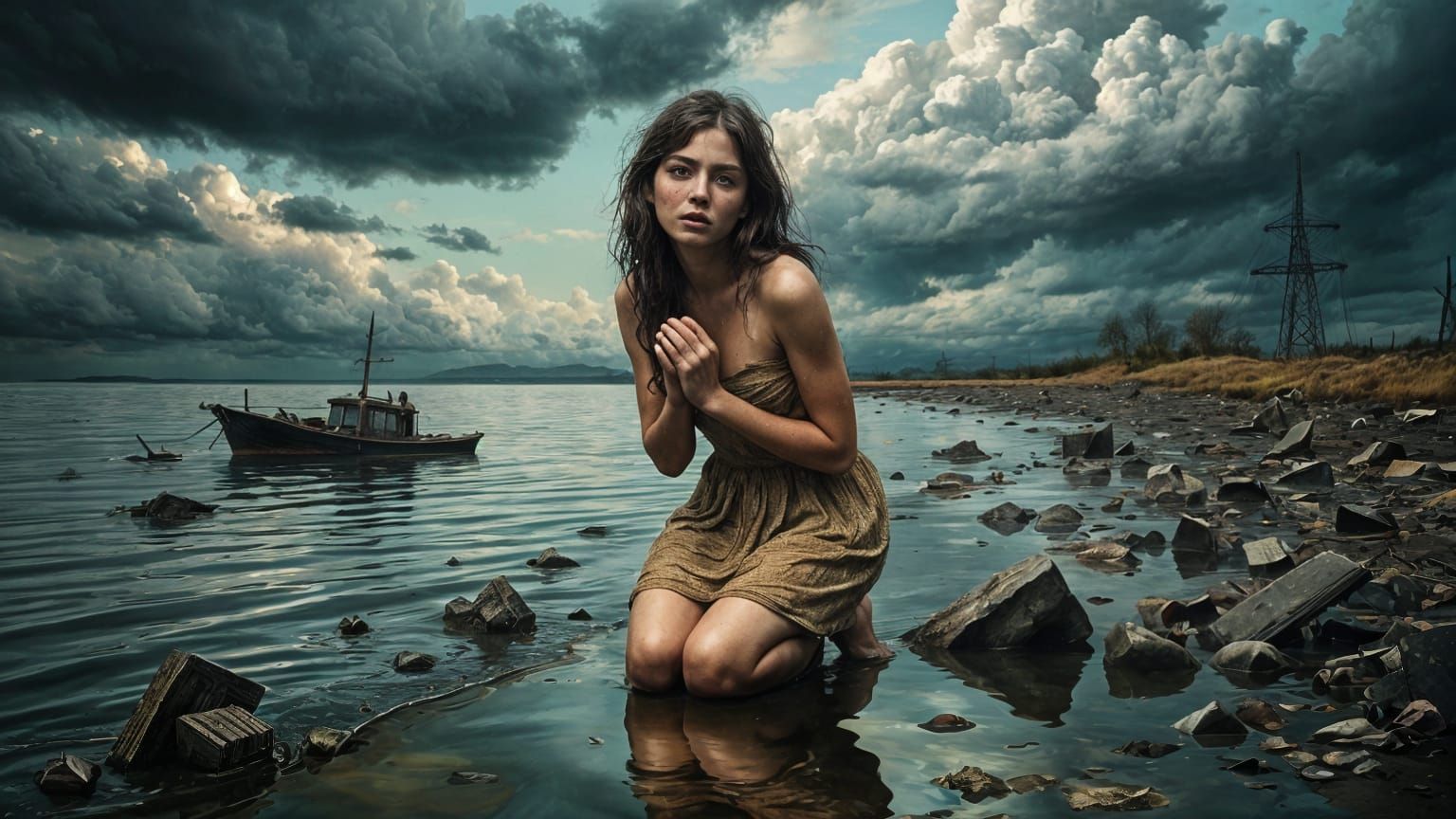 Post-Apocalyptic Woman Mourns Drowned World Landscape