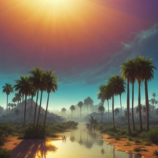 Desert Oasis with Palm Trees in Syd Mead Style