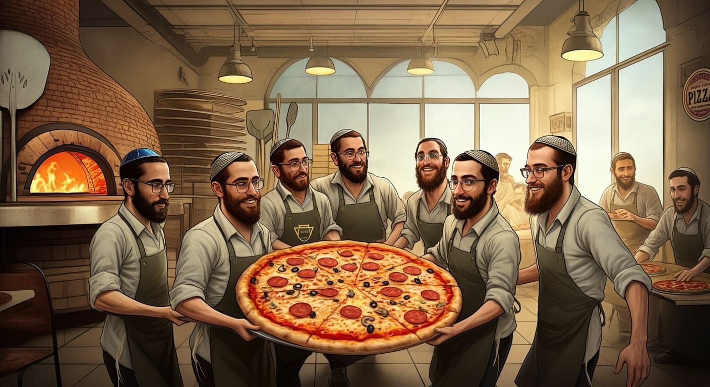 Orthodox Jewish Pizzeria Workers Carry Giant Kosher Pizza