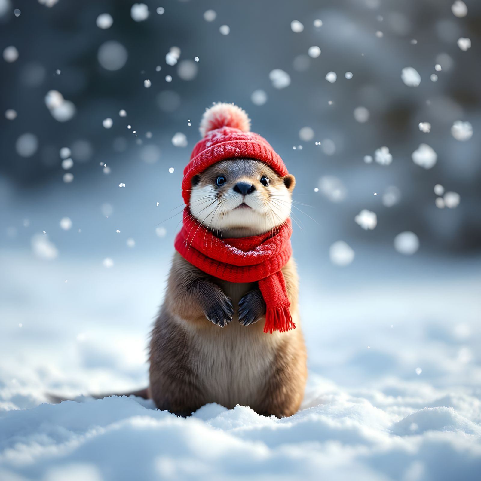 Otter in Winter Wonderland, Dressed in Red