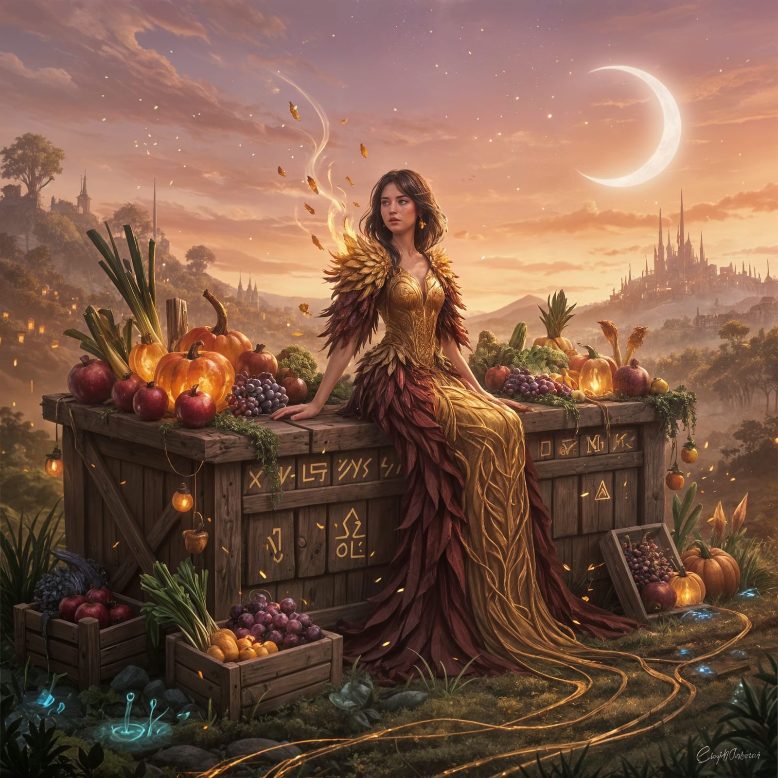 Majestic Girl with Gold & Crimson Feathers on Farmstand