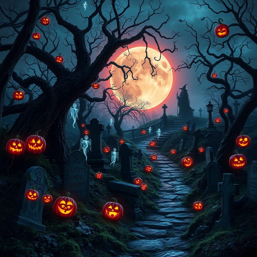 Enchanted Cemetery Scene with Glowing Jack-o-Lanterns