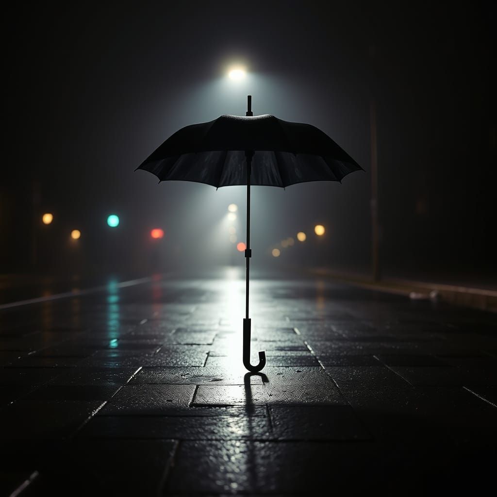 Moody Night Scene: Black Umbrella on Wet Pavement