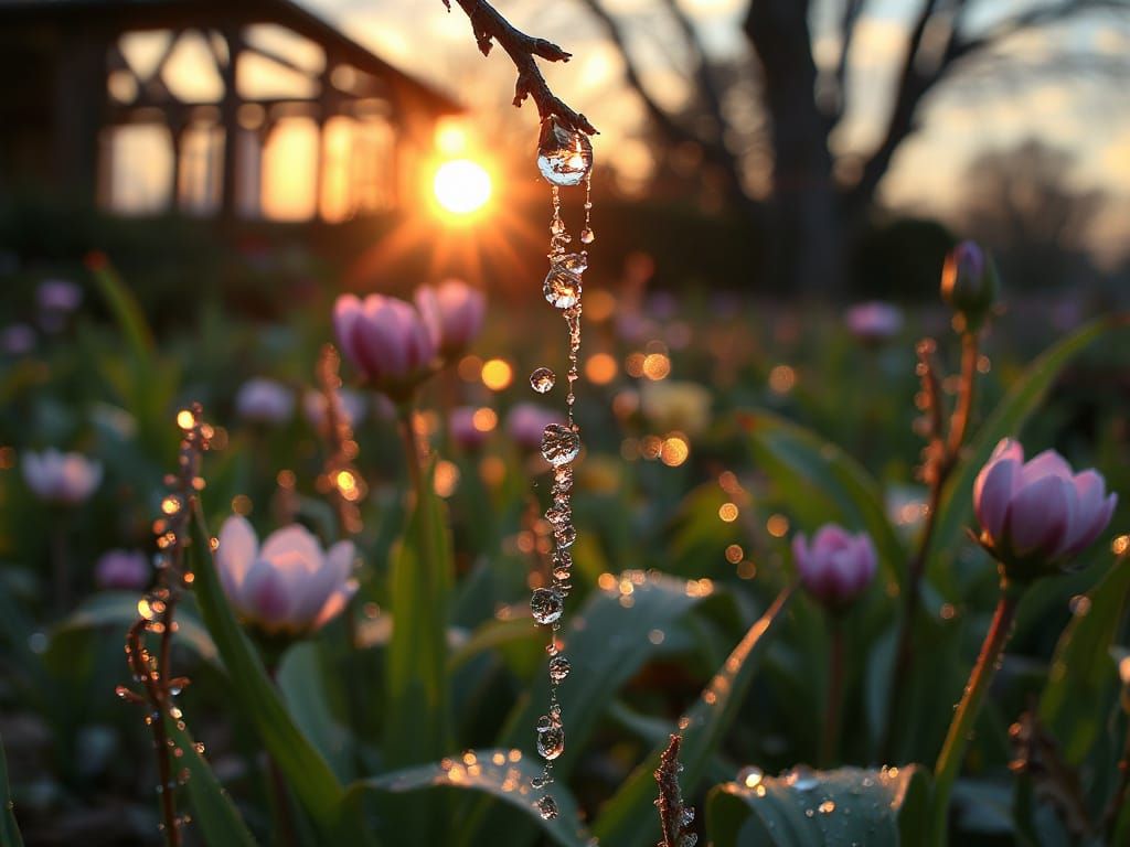 Sunrise Garden Scene with Dew Drop
