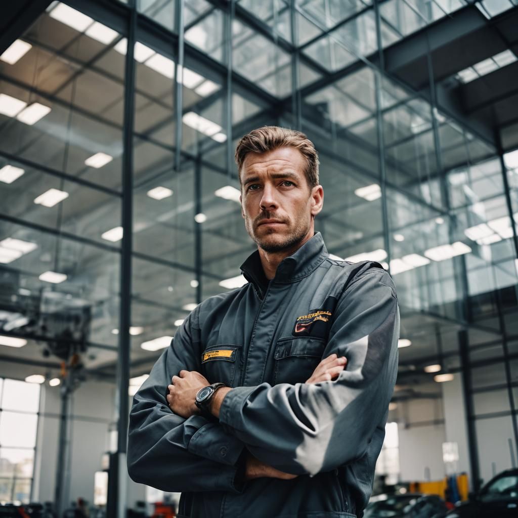 Confident Car Mechanic in Glass Building, Minimalist Style