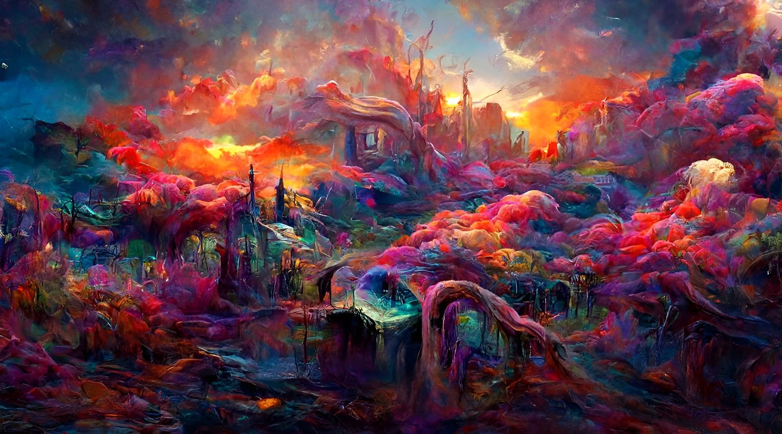 Colorful Abstract Landscape at Sunset, Digital Art