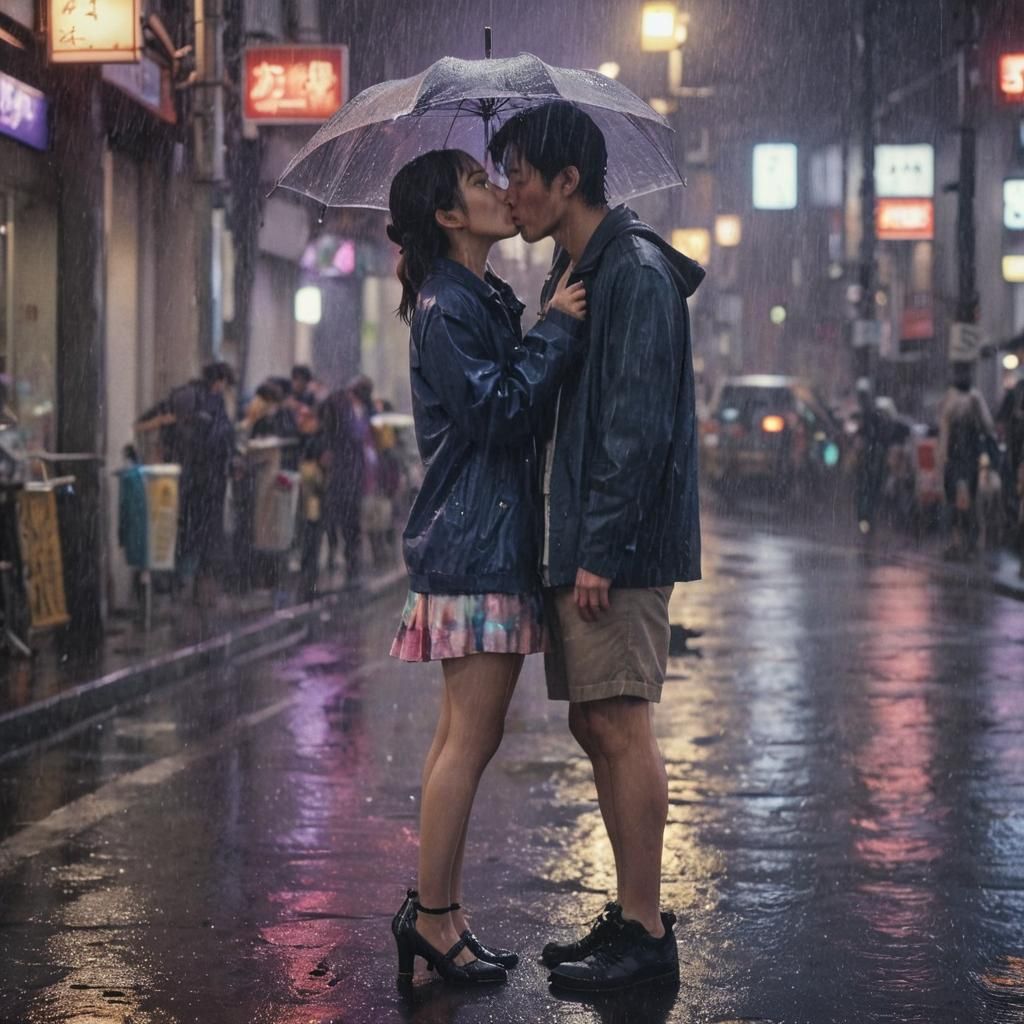 Passionate Kiss in Rainy Tokyo: Cinematic Film Still