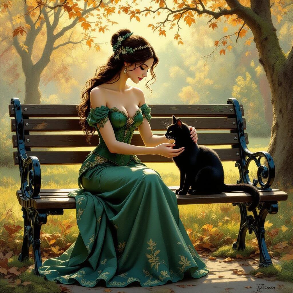 Brass and Wood Figure Petting Cat, Fantasy Oil Painting