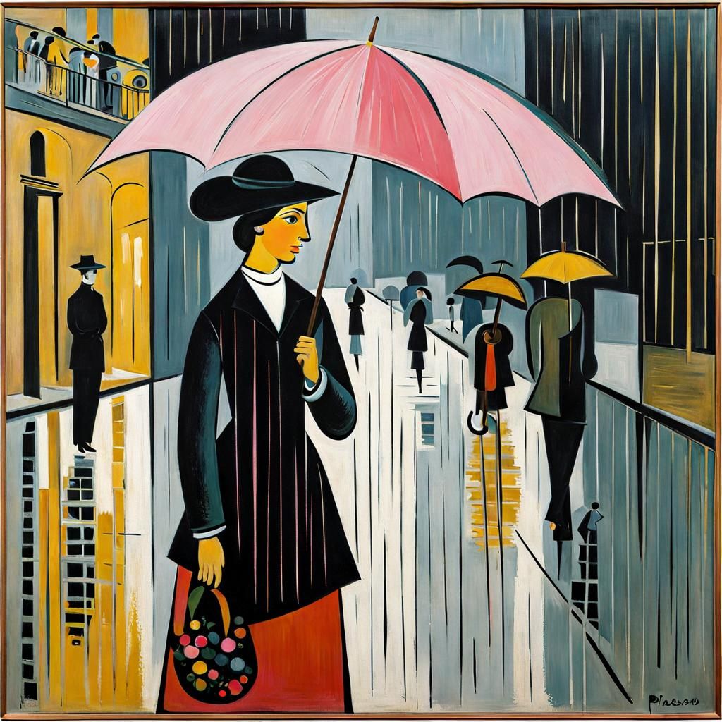 "The Girl with the Pink Umbrella in the Rain" by Pablo Picasso