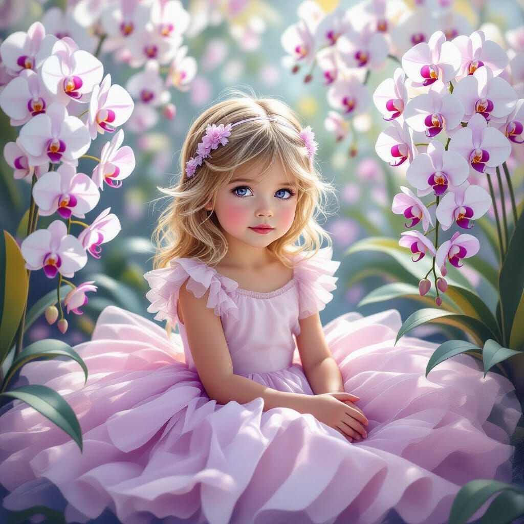Blonde Girl in Pink Dress with Purple Orchids