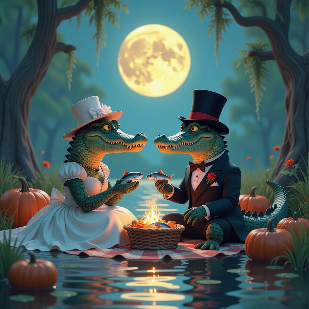 Alligators' Romantic Picnic Under Harvest Moon as 3D Art