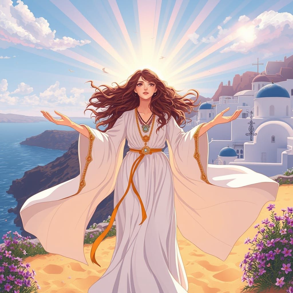 Mystical Goddess Conjured Sunbeams Over Santorini