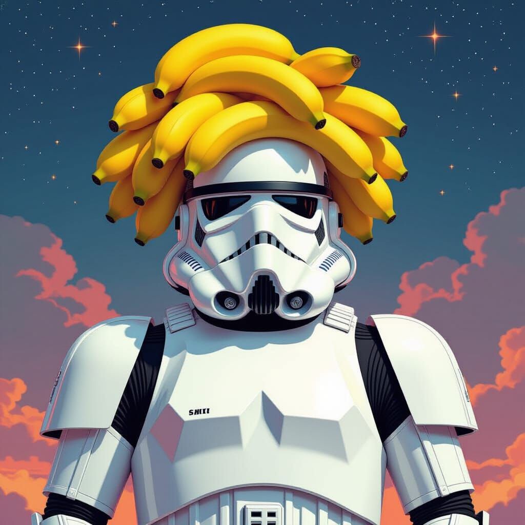 Stormtrooper Balances Bananas in Futuristic Galactic Setting
