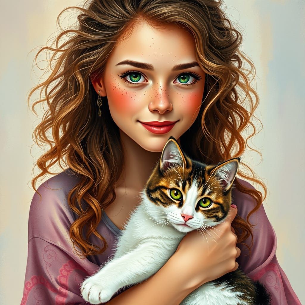 Gentle Woman Enfolds Tri-Colored Cat in Loving Embrace