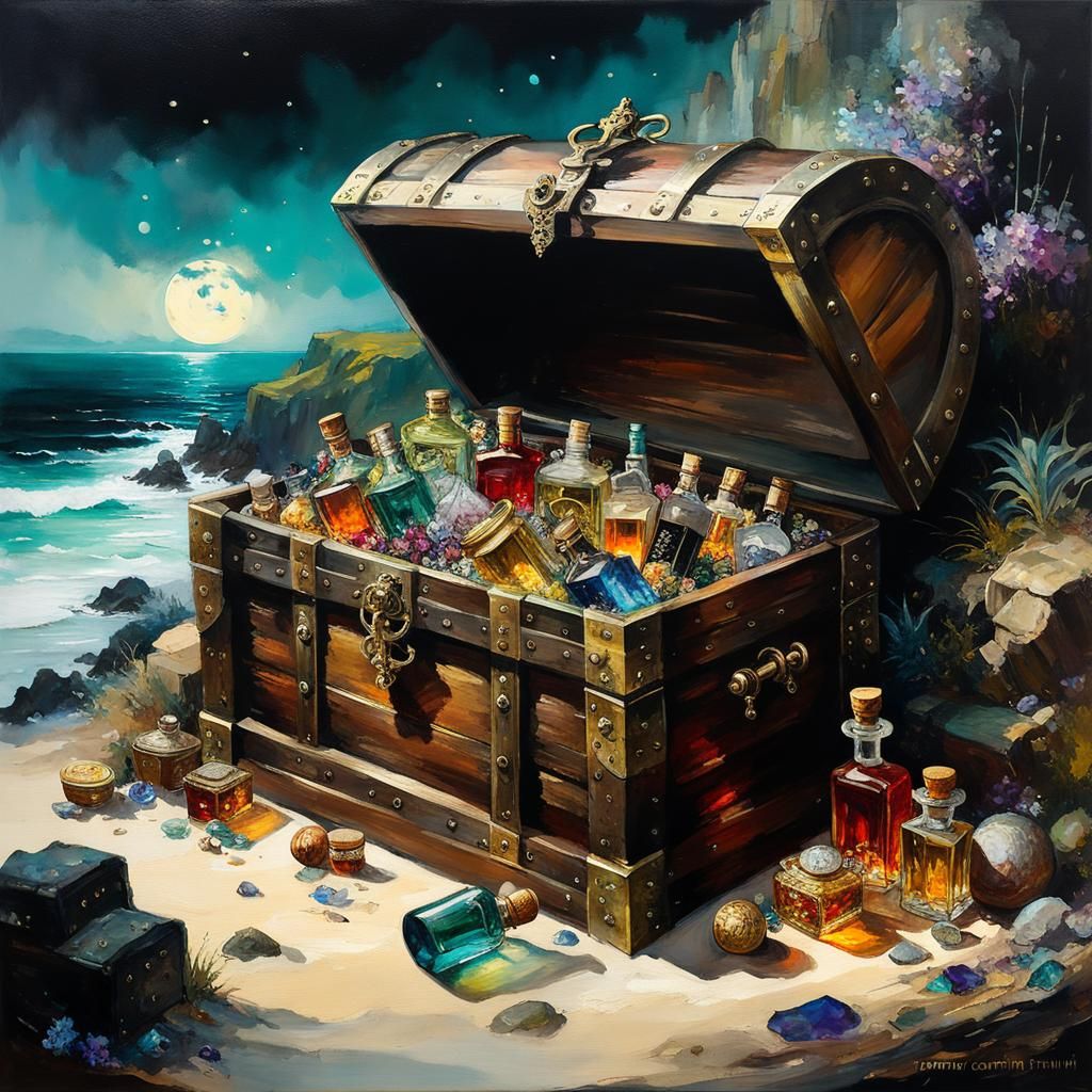 The alchemist's treasure chest full with magical liquids