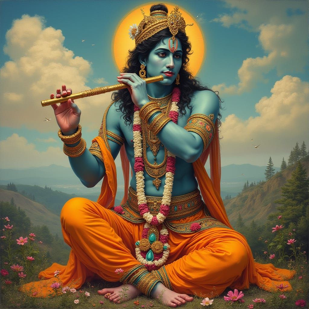 Lord Krishna Playing Flute in Serene Landscape
