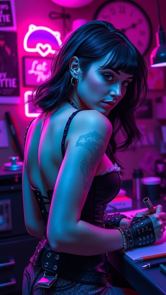 Cyberpunk Tattoo Artist in Neon-Lit Studio