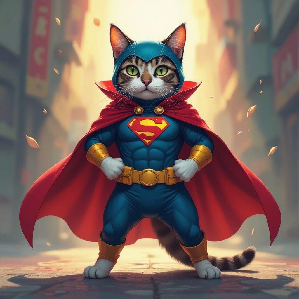 Superhero Cat in Hyperrealistic Splash Art Style