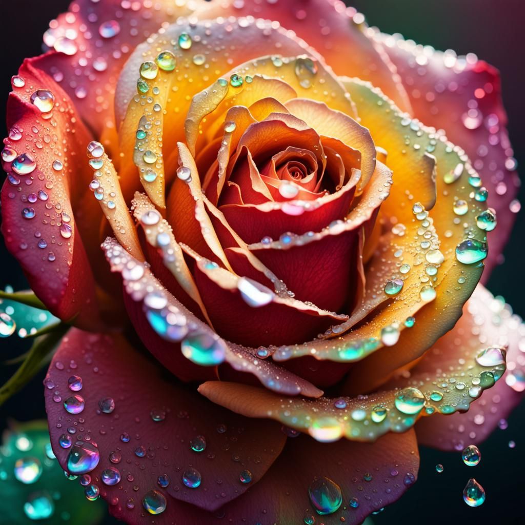 Iridescent Dew Drops on Rose: Splash Art