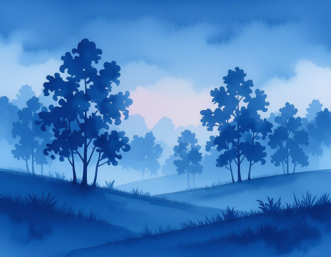Ethereal Indigo Landscape in Watercolor Style