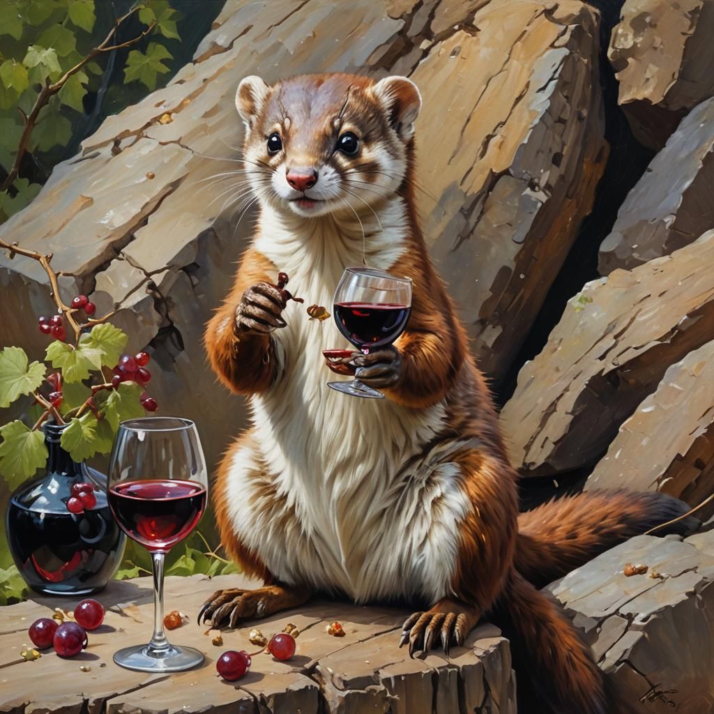 Weasel Sipping Wine: An Oil Painting