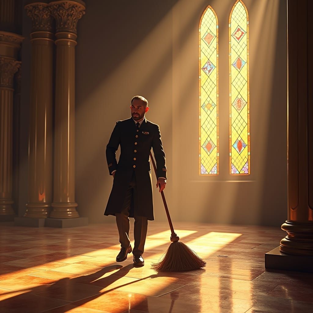 Dignified Janitor Sweeping Town Hall in Matte Painting