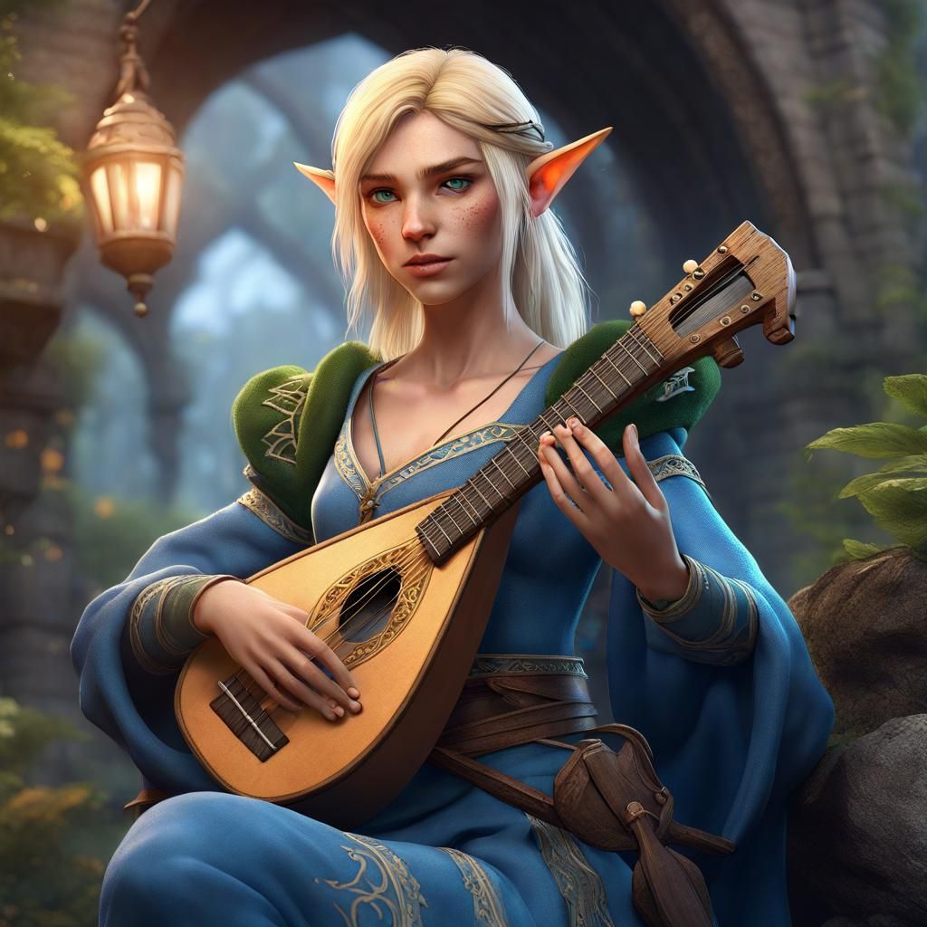 Blond Elf Bard with Lute: Fantasy Art