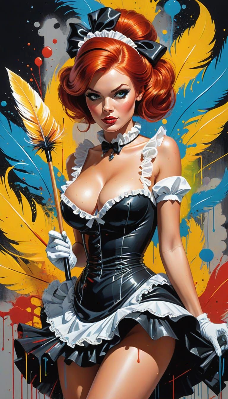 Redhead French Maid Woman in Pulp Novel Art Style