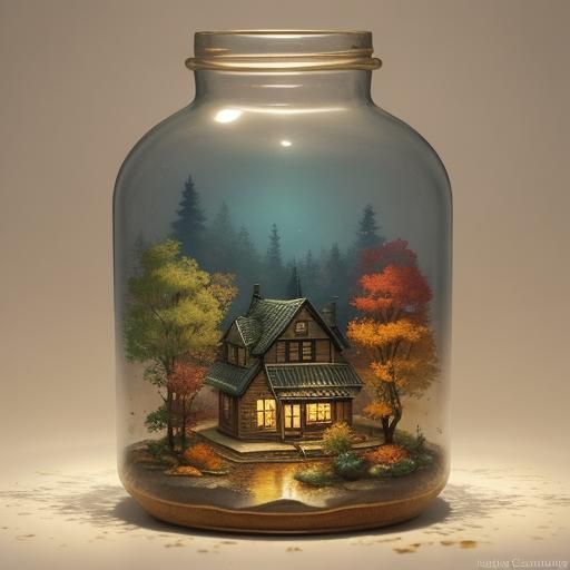 Autumn Leaves Falling Around House in Bottle