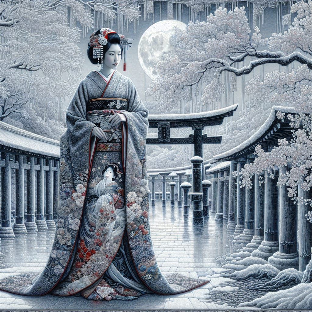 Elegant Onna Bugeisha Amidst Snowy Shinto Shrine