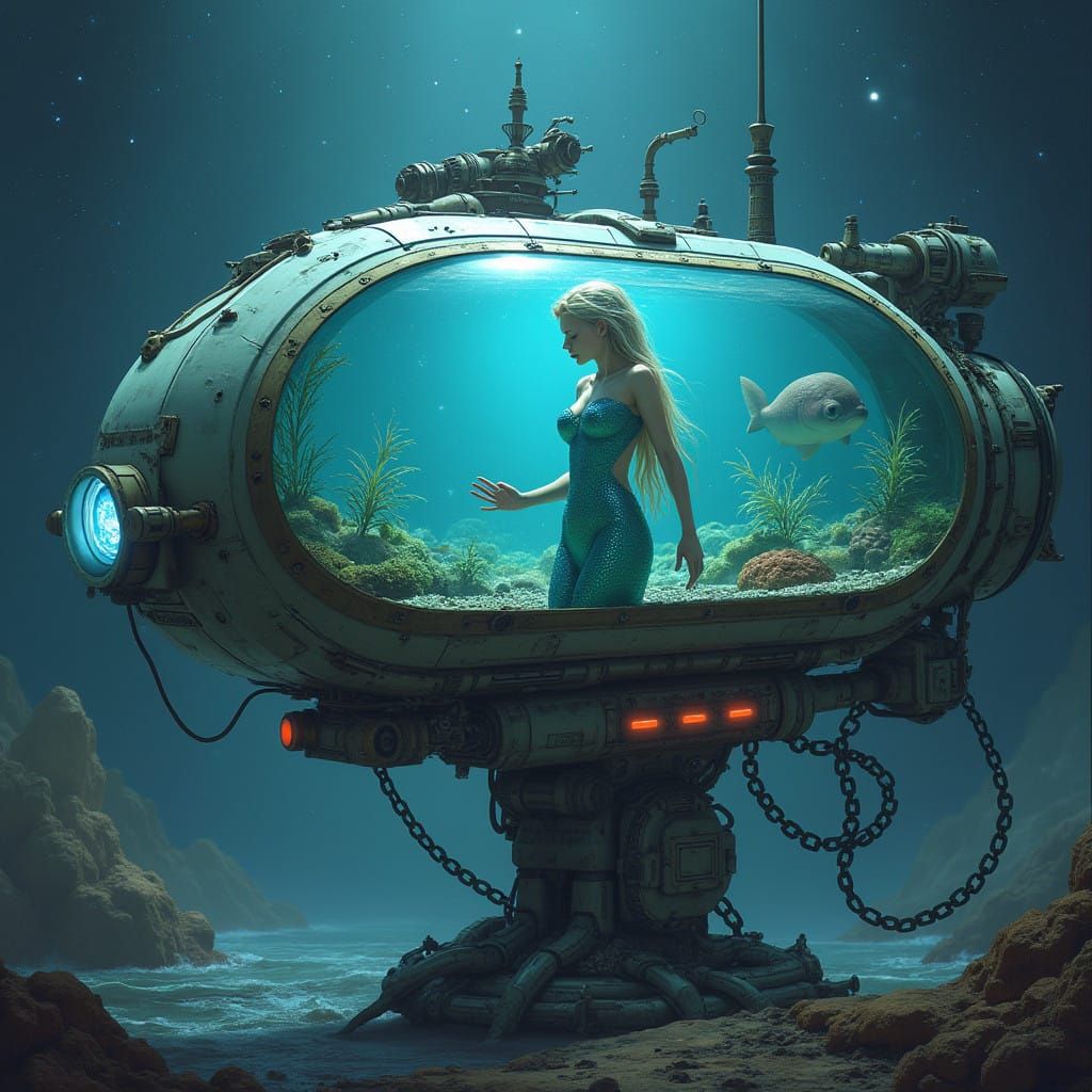 Cyberpunk Mermaid Operates Futuristic Spaceship Fishtank