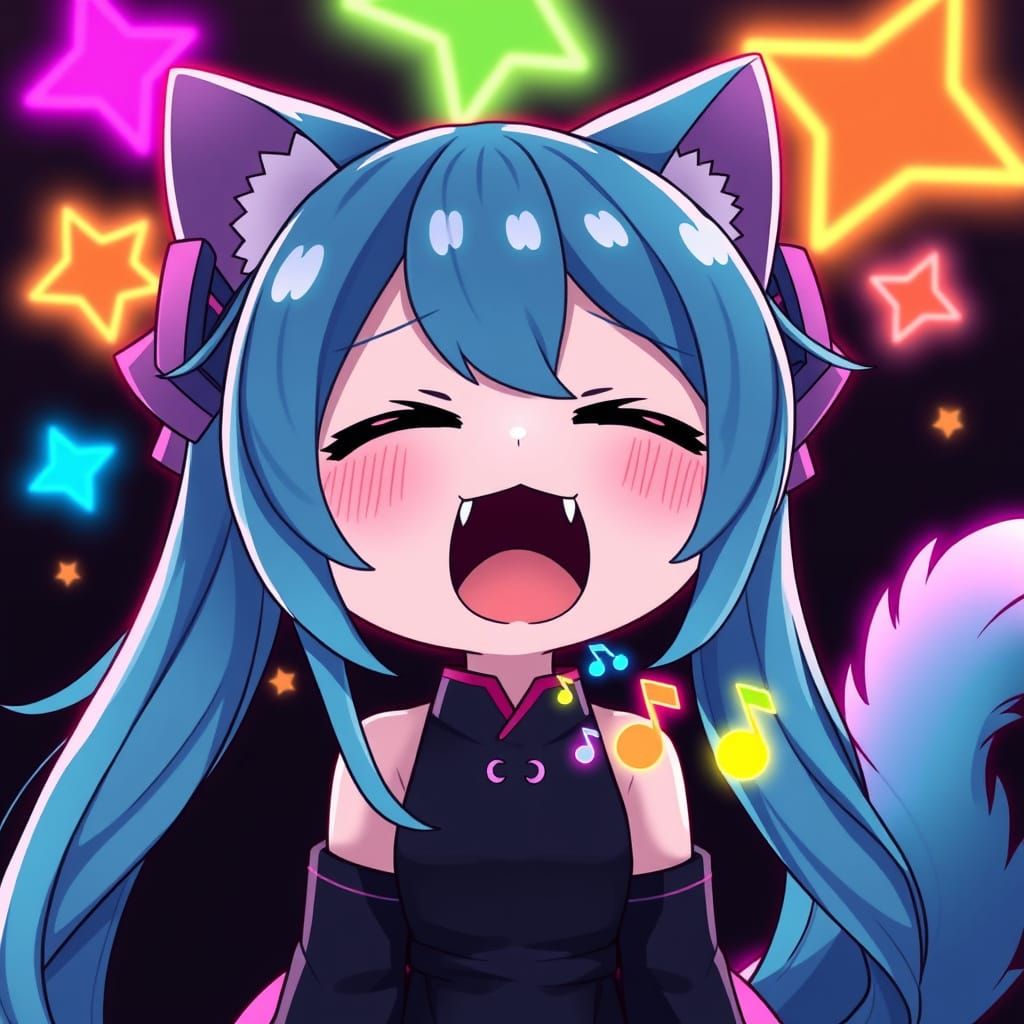 Adorable Chibi Catgirl Musician Under Neon Lights