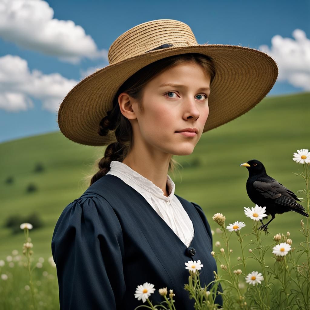 Amish Girl Portrait on Flowery Hillside