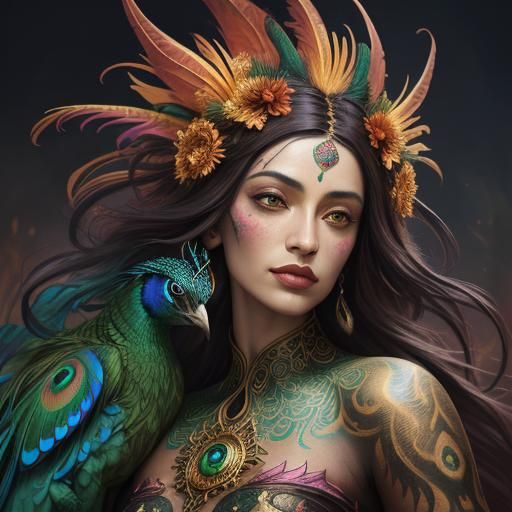 Dragon Peacock Woman in Abstract Expressionist Style