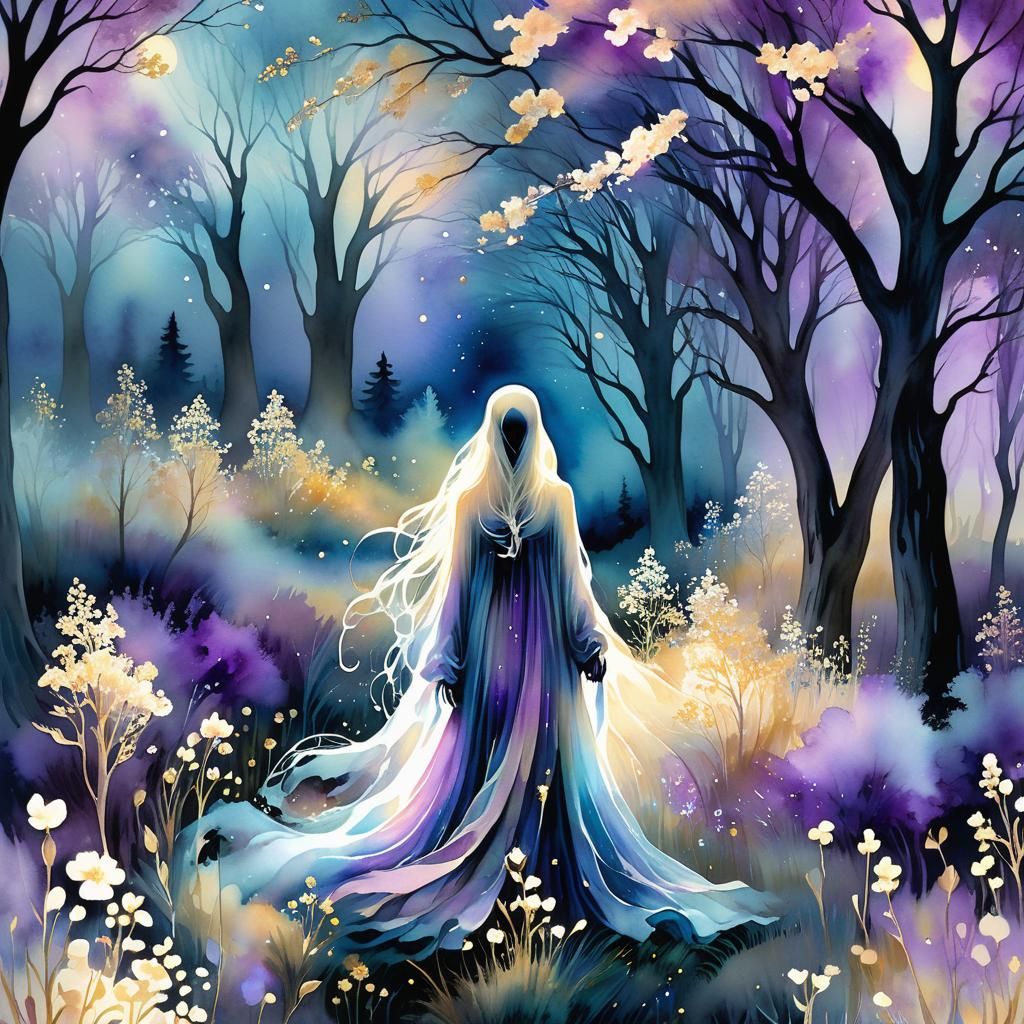 Ethereal Ghostly Figure in Melancholic Watercolor Landscape