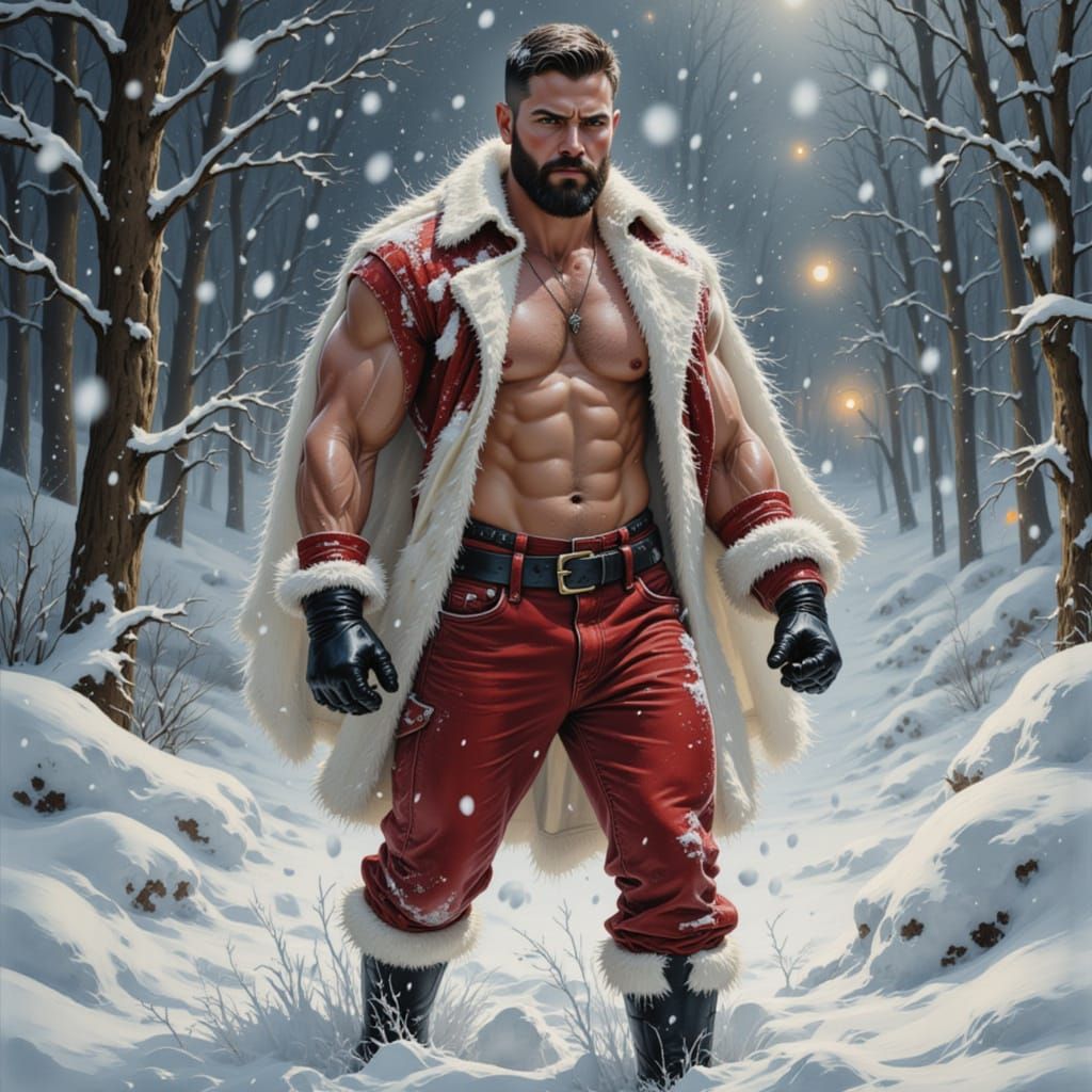 Shirtless Man in Snowstorm, Festive Holiday Strength