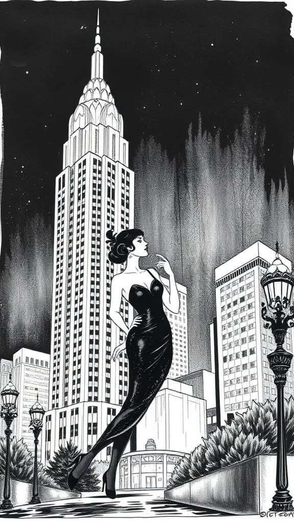 Glamorous Flapper Girl in Front of the Chrysler Building, Ar...