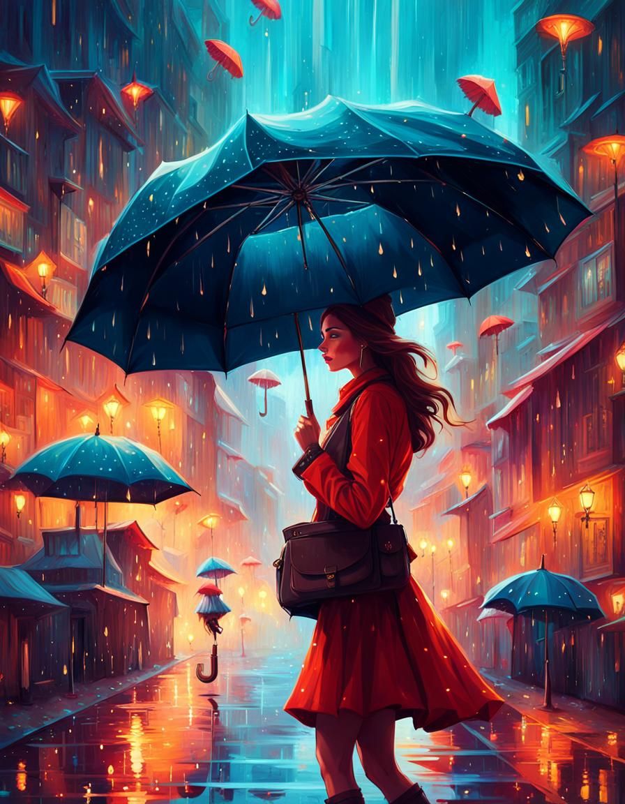 Woman with Mushroom Umbrella in Star Rain