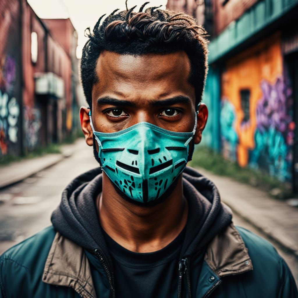 Gritty Urban Portrait of Masked Man in Ghetto