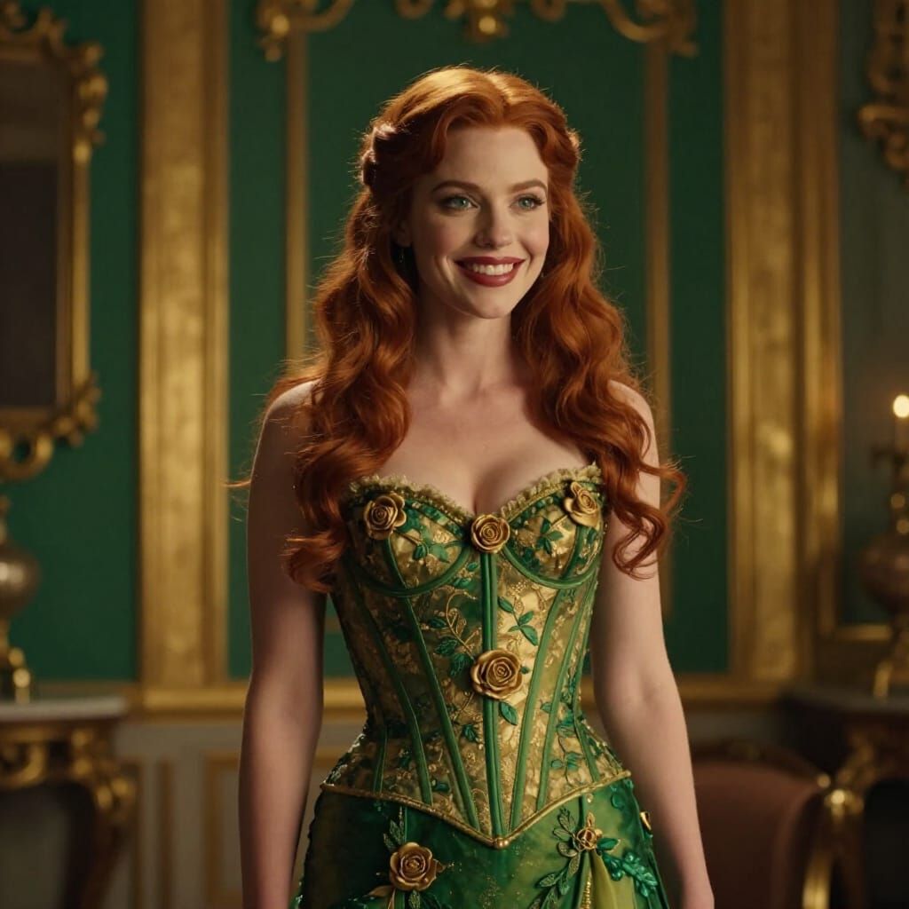 Woman in Green & Gold Corset Gown, Alcohol Ink Style